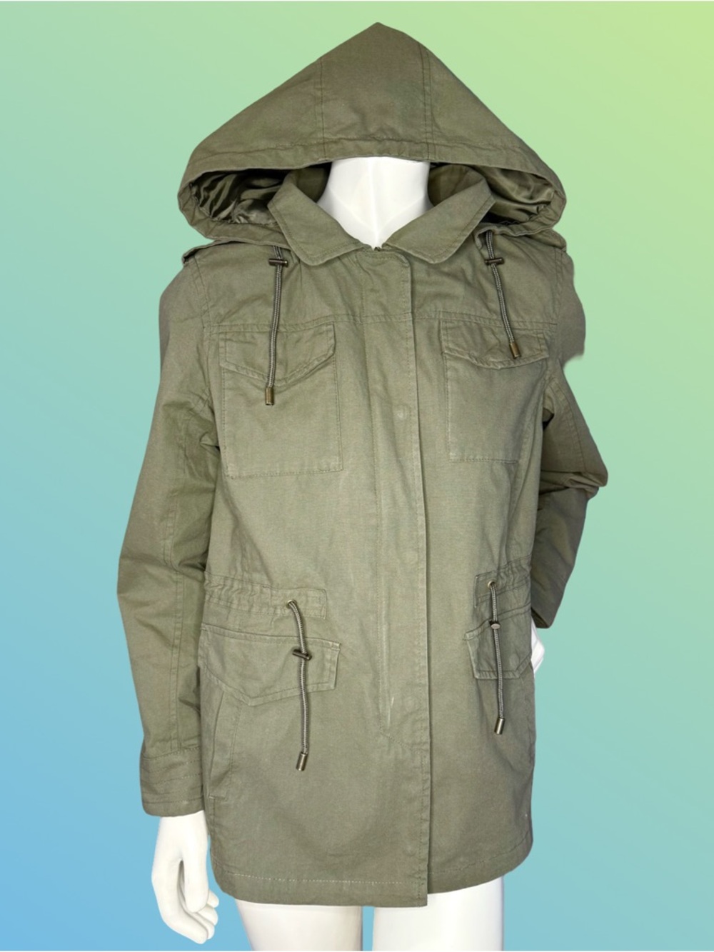 Olive Green Hooded Utility Jacket with Pockets and Drawstring Waist